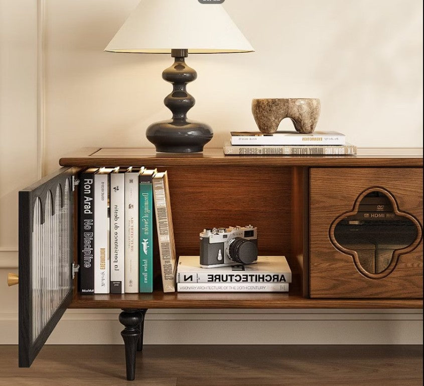 English Elm 78 Inch Fluted Glass Door Low Profile Media Console for Mid Century Living Rooms D1134127224