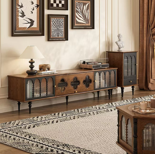 English Elm 78 Inch Fluted Glass Door Low Profile Media Console for Mid Century Living Rooms D1134127224
