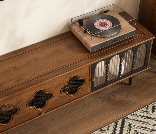 English Elm 78 Inch Fluted Glass Door Low Profile Media Console for Mid Century Living Rooms D1134127224