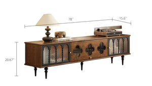 English Elm 78 Inch Fluted Glass Door Low Profile Media Console for Mid Century Living Rooms D1134127224