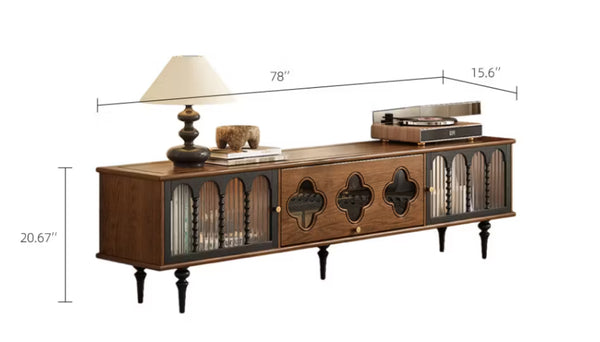 English Elm 78 Inch Fluted Glass Door Low Profile Media Console for Mid Century Living Rooms D1134127224