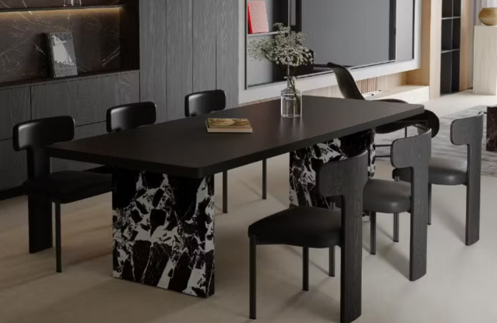 English Elm 54.6/62.4 Italian Inspired Dining Table Sculptural Pedestal Marble Look Top Seats Eight D1134129195