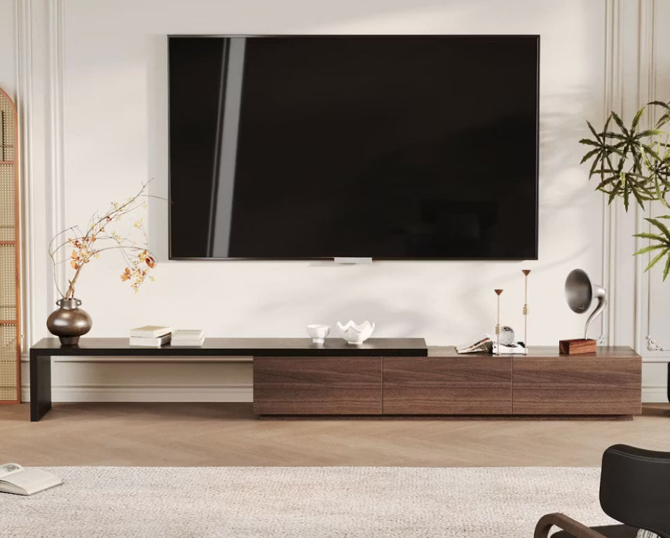 English Elm Extendable TV Console with Three Drawers Low Profile Wood Frame Modern Living Room D1134137531
