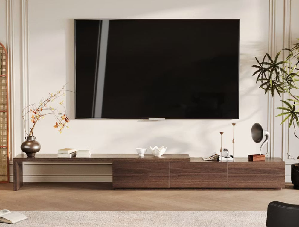 English Elm Extendable Walnut Media Console with Three Drawers for Modern Living Room Decor D1134137533