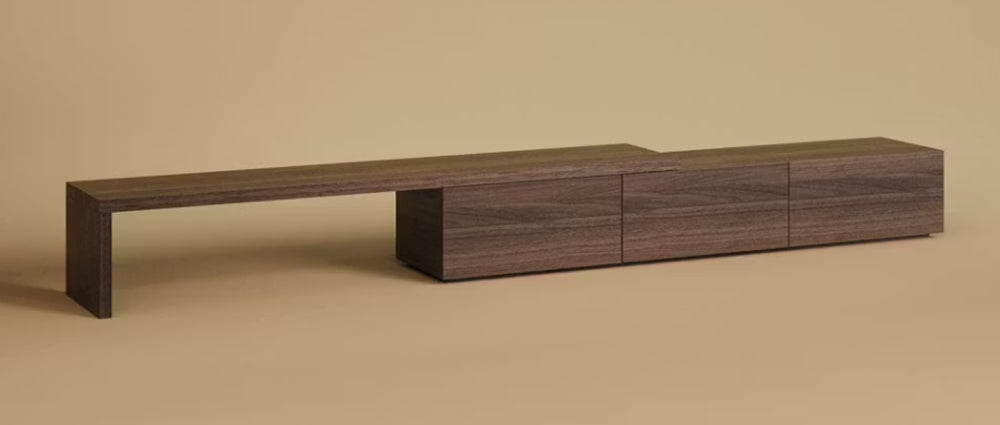 English Elm Extendable Walnut Media Console with Three Drawers for Modern Living Room Decor D1134137533