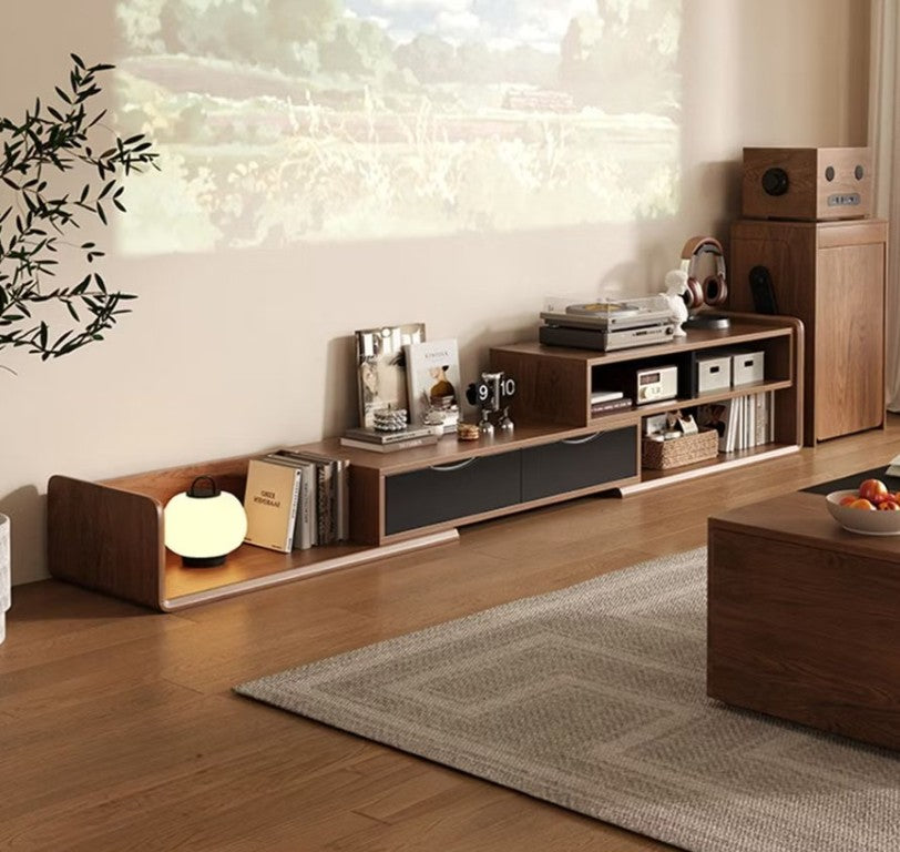 English Elm 70.8 Expandable Walnut Veneer Media Console with Open Shelves and Enclosed Storage D1134142686