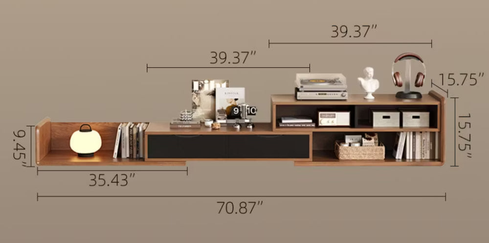 English Elm 70.8 Expandable Walnut Veneer Media Console with Open Shelves and Enclosed Storage D1134142686