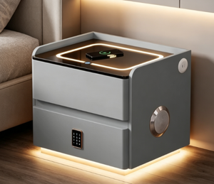 English Elm Smart Leather Nightstand with Wireless Charging Bluetooth Speaker and LED Ambient Glow Grey D1134142710