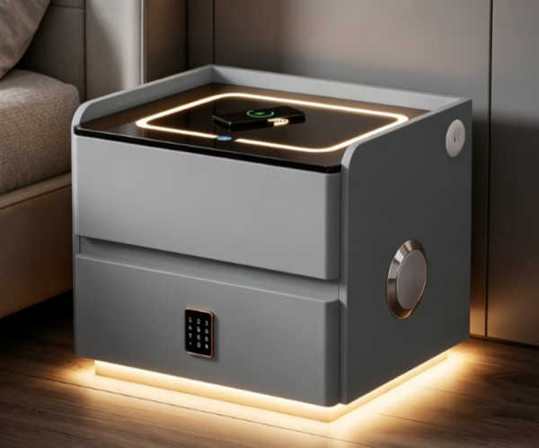 English Elm Smart Leather Nightstand with Wireless Charging Bluetooth Speaker and LED Ambient Glow Grey D1134142710