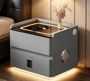 English Elm Smart Leather Nightstand with Wireless Charging Bluetooth Speaker and LED Ambient Glow Grey D1134142710