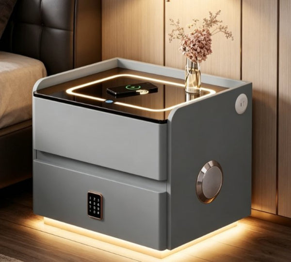 English Elm Smart Leather Nightstand with Wireless Charging Bluetooth Speaker and LED Ambient Glow Grey D1134142710