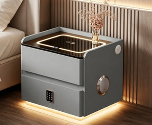 English Elm Smart Leather Nightstand with Wireless Charging Bluetooth Speaker and LED Ambient Glow Grey D1134142710