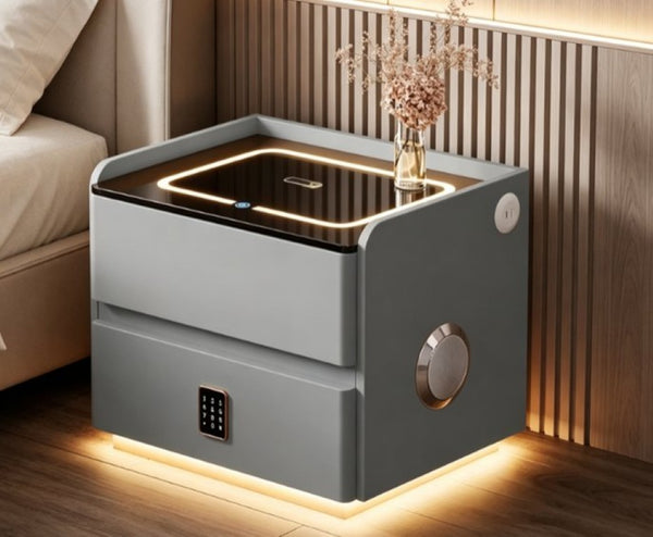 English Elm Smart Leather Nightstand with Wireless Charging Bluetooth Speaker and LED Ambient Glow Grey D1134142710