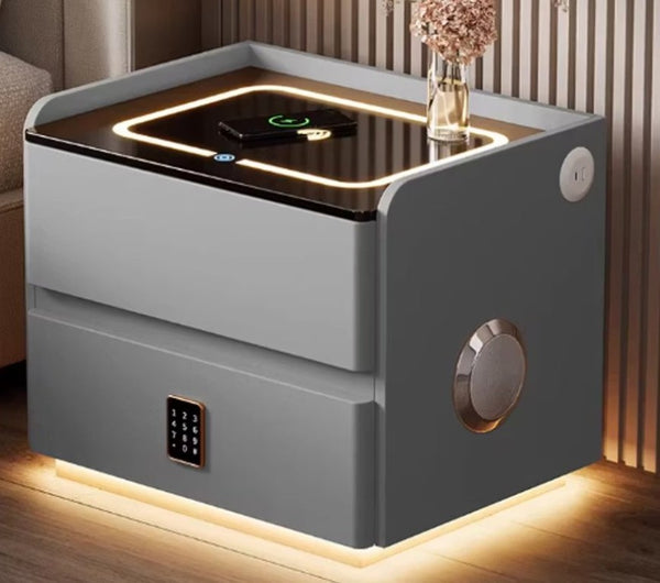 English Elm Smart Leather Nightstand with Wireless Charging Bluetooth Speaker and LED Ambient Glow Grey D1134142710