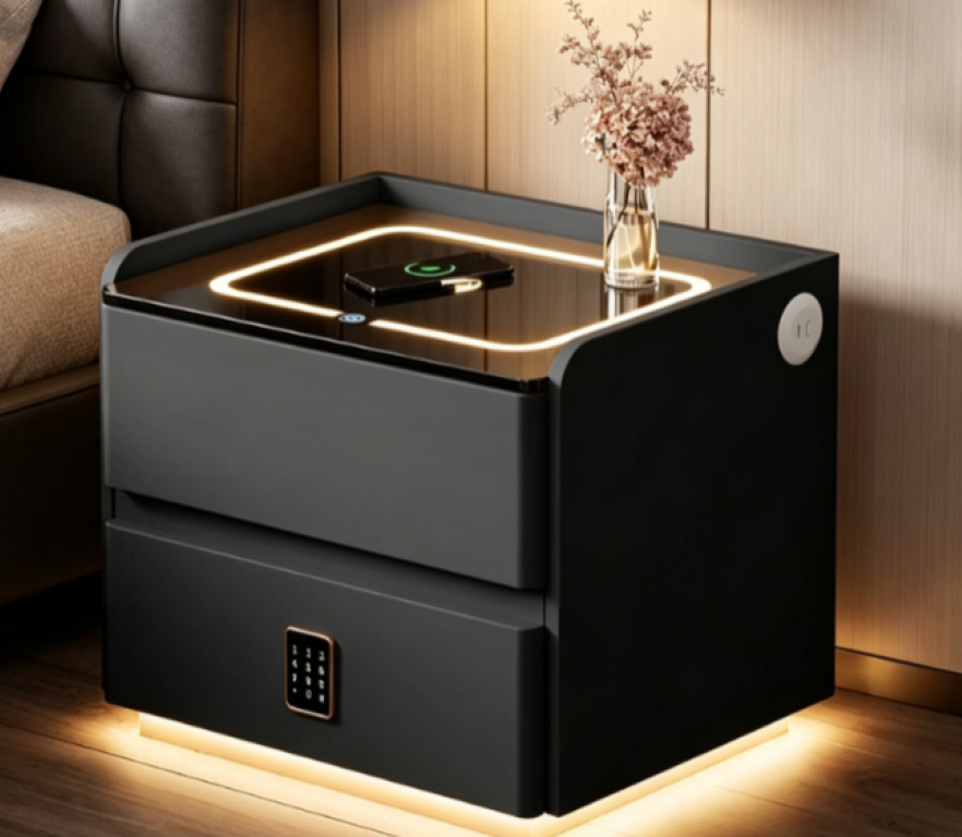 English Elm Smart Leather Nightstand with Wireless Charging Bluetooth Speaker and LED Ambient Glow Black D1134142711