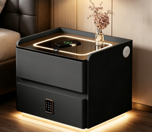 English Elm Smart Leather Nightstand with Wireless Charging Bluetooth Speaker and LED Ambient Glow Black D1134142711