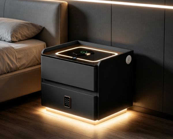 English Elm Smart Leather Nightstand with Wireless Charging Bluetooth Speaker and LED Ambient Glow Black D1134142711