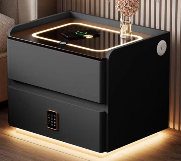 English Elm Smart Leather Nightstand with Wireless Charging Bluetooth Speaker and LED Ambient Glow Black D1134142711