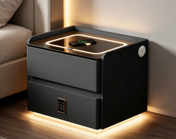 English Elm Smart Leather Nightstand with Wireless Charging Bluetooth Speaker and LED Ambient Glow Black D1134142711