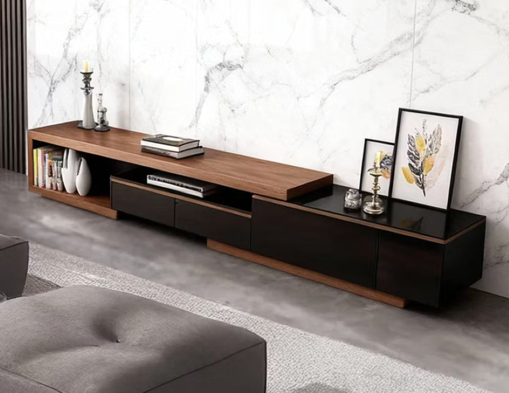 English Elm 78.7 Inch Extendable Walnut Media Console with Matte Black Contrast and Ample Storage D1134150358