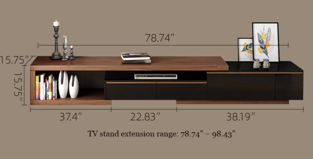 English Elm 78.7 Inch Extendable Walnut Media Console with Matte Black Contrast and Ample Storage D1134150358
