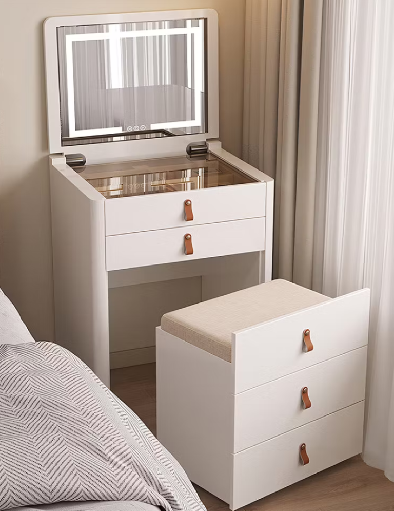 English Elm Functional Makeup Vanity with LED Mirror Rolling Stool and Multi-Drawer Organization D1134150359