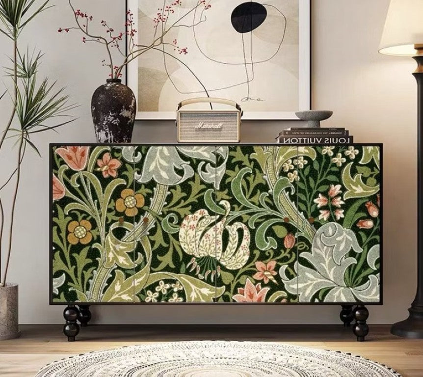 English Elm 59 Inch Hand-Painted Geometric Sideboard Vintage Carved Legs Eclectic Dining Storage Black, Green D1134157269