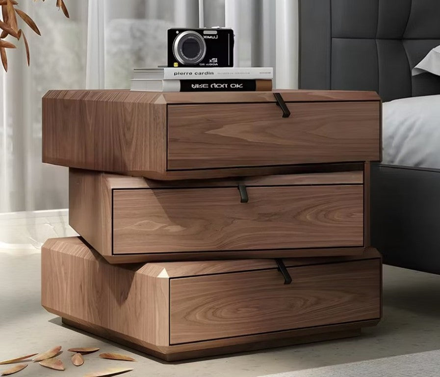 English Elm Modern Rotating Three Drawer Nightstand Matte Minimalist Bedside Storage Unit Walnut D1134157982