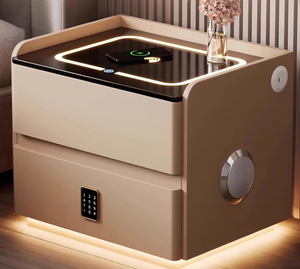 English Elm Smart Leather Nightstand with Wireless Charging Bluetooth Speaker and LED Ambient Glow Khaki D1134161636