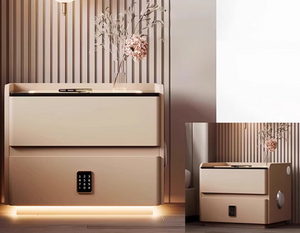 English Elm Smart Leather Nightstand with Wireless Charging Bluetooth Speaker and LED Ambient Glow Khaki D1134161636