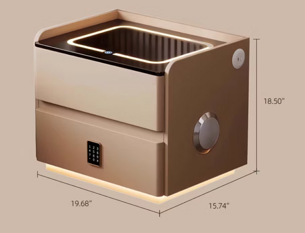 English Elm Smart Leather Nightstand with Wireless Charging Bluetooth Speaker and LED Ambient Glow Khaki D1134161636