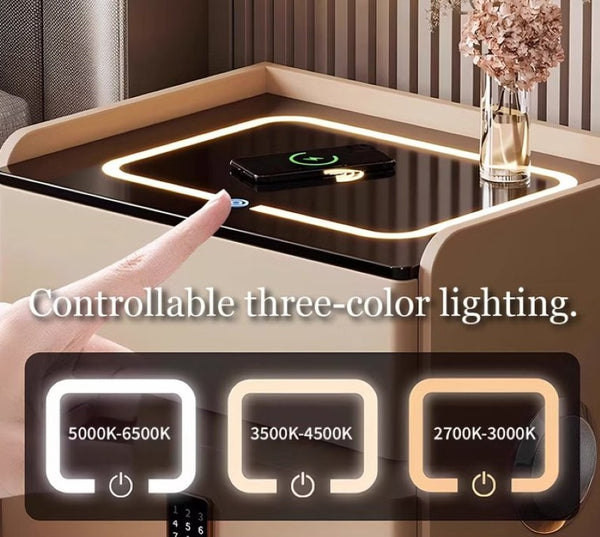 English Elm Smart Leather Nightstand with Wireless Charging Bluetooth Speaker and LED Ambient Glow Khaki D1134161636