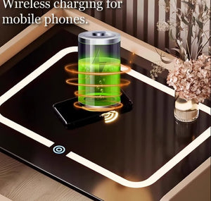 English Elm Smart Leather Nightstand with Wireless Charging Bluetooth Speaker and LED Ambient Glow Khaki D1134161636