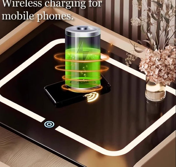 English Elm Smart Leather Nightstand with Wireless Charging Bluetooth Speaker and LED Ambient Glow Khaki D1134161636