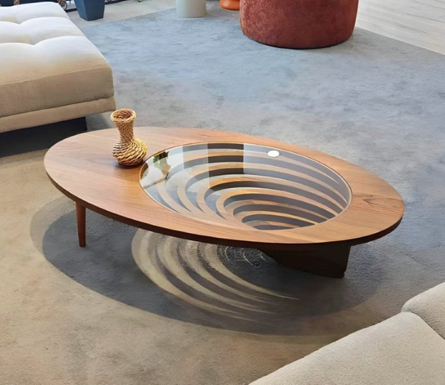 English Elm Modern Sculptural Coffee Table with Vortex Wood Base and Tempered Glass Surface D1134165428