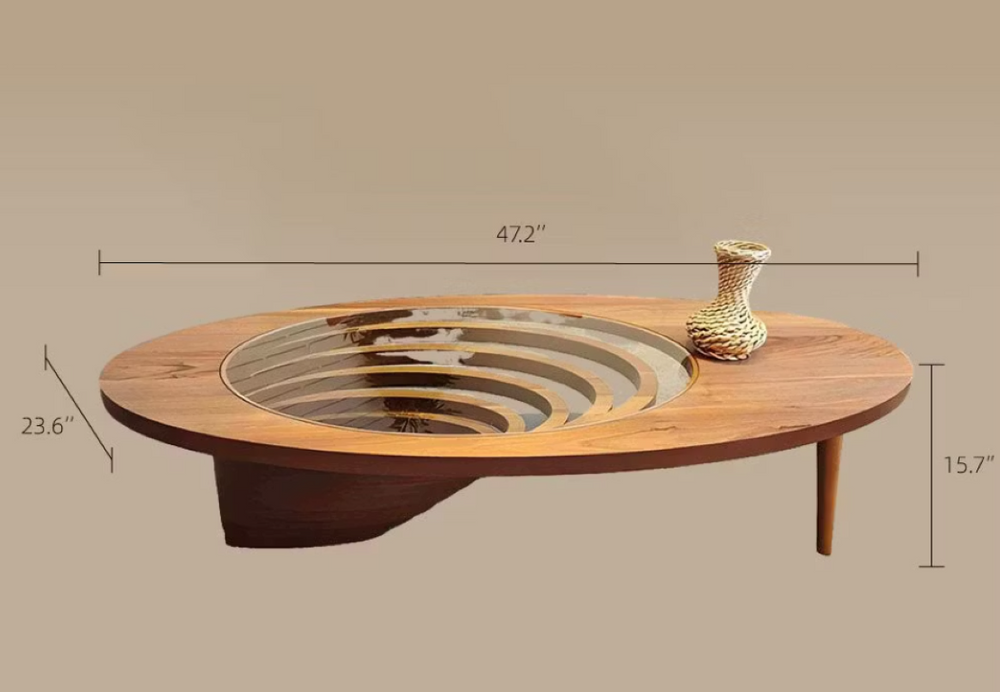 English Elm Modern Sculptural Coffee Table with Vortex Wood Base and Tempered Glass Surface D1134165428