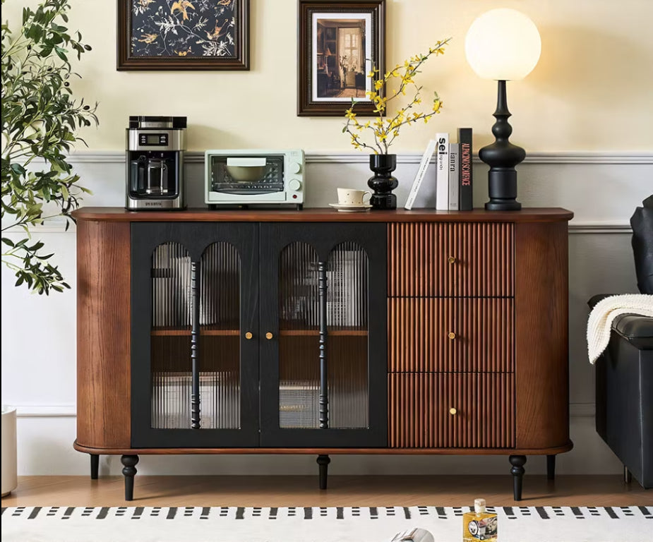 English Elm 62.9 Inch Retro Modern Sideboard with Textured Glass Doors and Solid Wood Storage D1134165429