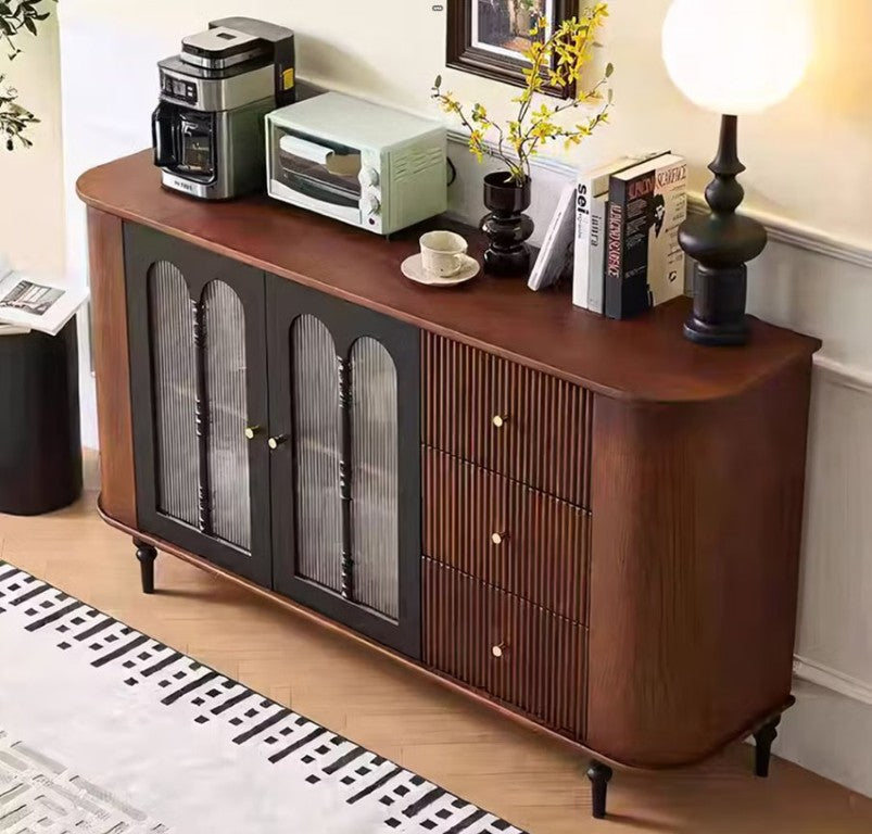 English Elm 62.9 Inch Retro Modern Sideboard with Textured Glass Doors and Solid Wood Storage D1134165429