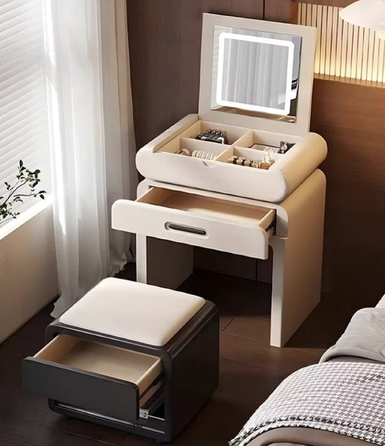 English Elm Modern Minimalist Vanity Set with LED Mirror Drawer Organizer and Upholstered Stool D1134166259