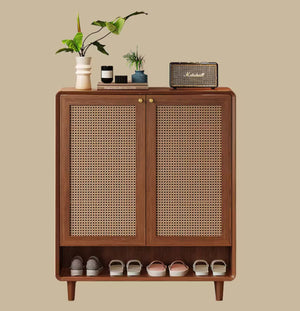 English Elm Mid-Century Rattan Door Shoe Organizer with Walnut Legs and Open Bottom Shelf D1134166666