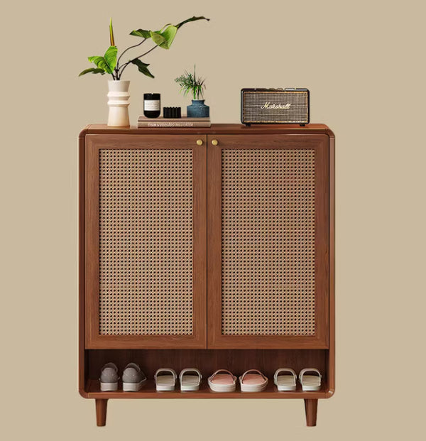 English Elm Mid-Century Rattan Door Shoe Organizer with Walnut Legs and Open Bottom Shelf D1134166666