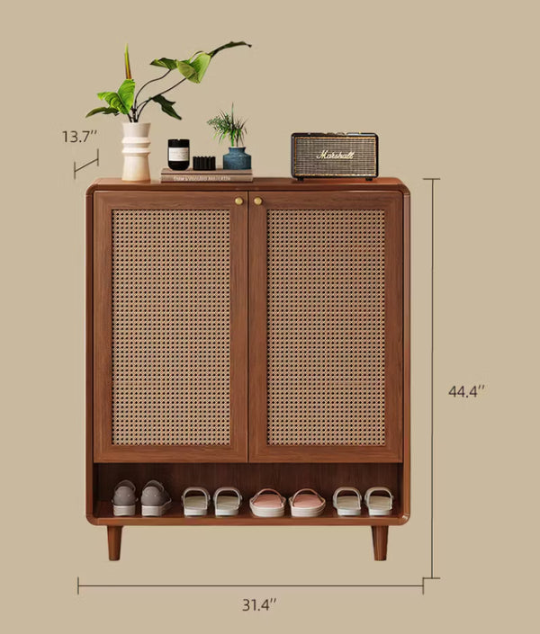 English Elm Mid-Century Rattan Door Shoe Organizer with Walnut Legs and Open Bottom Shelf D1134166666