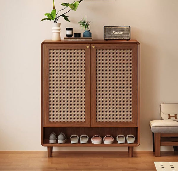 English Elm Mid-Century Rattan Door Shoe Organizer with Walnut Legs and Open Bottom Shelf D1134166666