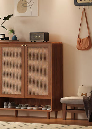 English Elm Mid-Century Rattan Door Shoe Organizer with Walnut Legs and Open Bottom Shelf D1134166666