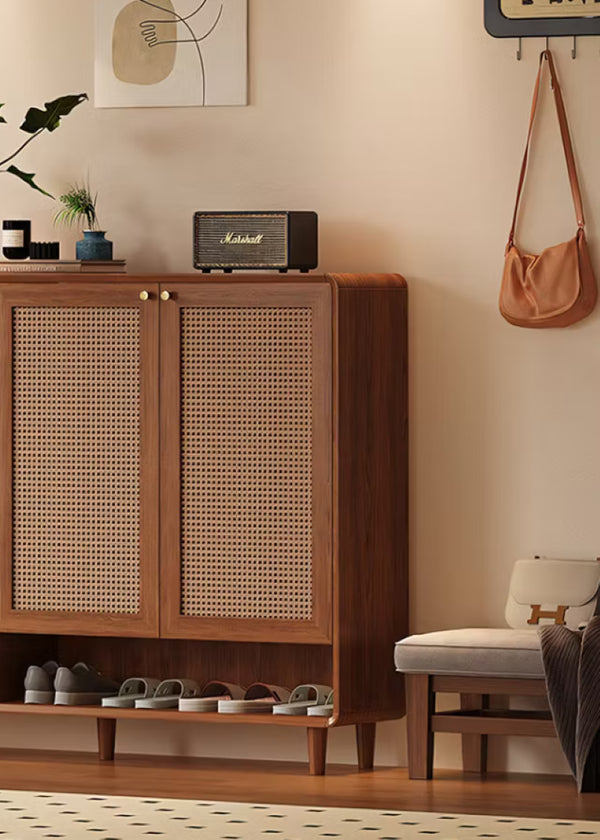 English Elm Mid-Century Rattan Door Shoe Organizer with Walnut Legs and Open Bottom Shelf D1134166666
