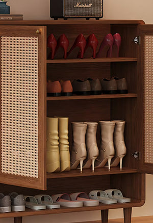 English Elm Mid-Century Rattan Door Shoe Organizer with Walnut Legs and Open Bottom Shelf D1134166666
