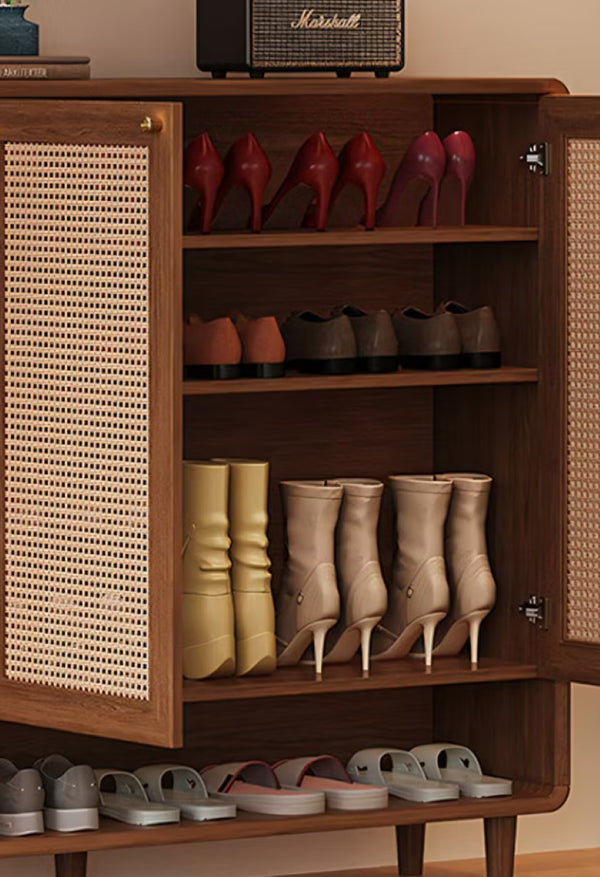 English Elm Mid-Century Rattan Door Shoe Organizer with Walnut Legs and Open Bottom Shelf D1134166666