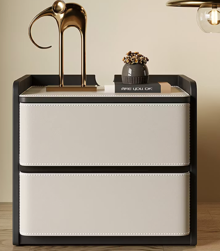 English Elm Modern Saddle Leather Finish Nightstand with Open Shelf and Silent Glide Storage 2 Drawers D1134166669