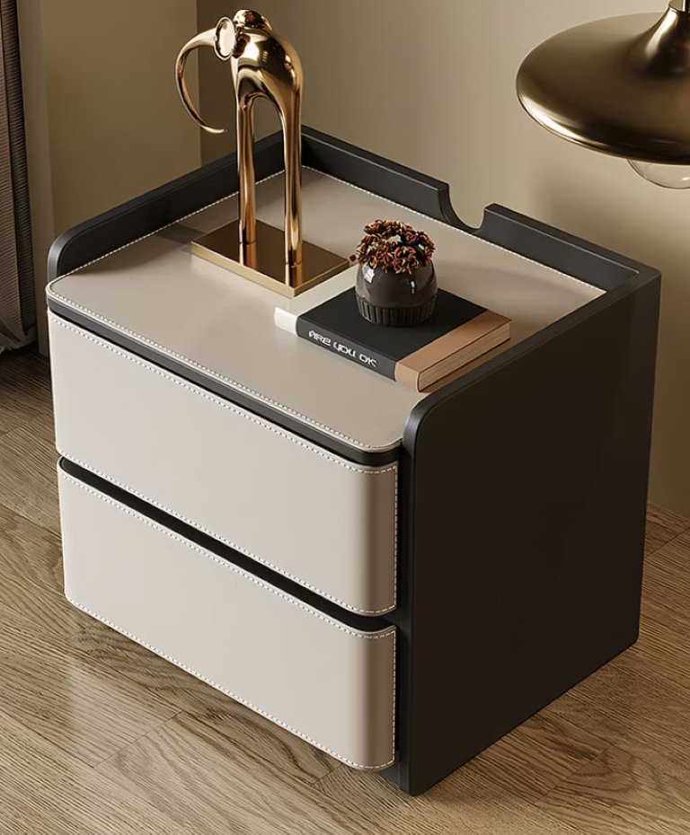 English Elm Modern Saddle Leather Finish Nightstand with Open Shelf and Silent Glide Storage 2 Drawers D1134166669