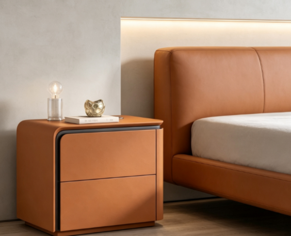 English Elm Left--Modern Sculptural Two Drawer Nightstand Matte Finish Rounded Corners for Contemporary Bedrooms D1134166671